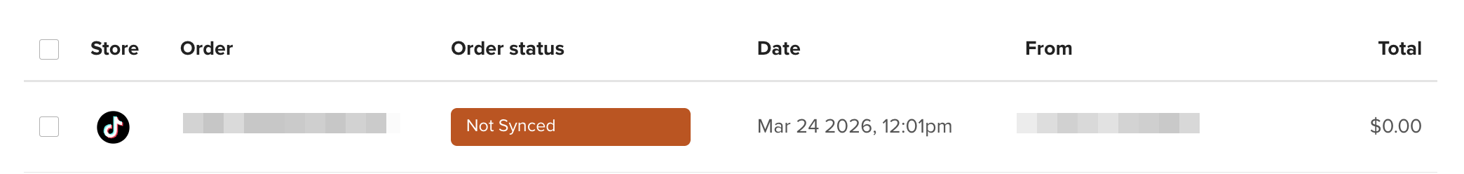 未同期ステータスの注文。