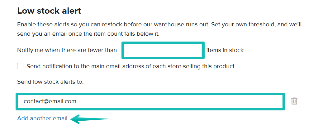 Ajustes de las alertas de stock bajo en el Panel de control de Printful.