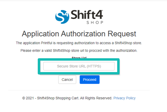 Finestra di autorizzazione di Shift4Shop con il campo Store URL.
