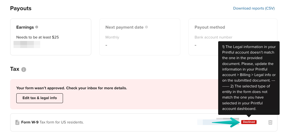Quick Stores payouts page showing a declined W-9 form with   a tooltip explaining why it wasn't approved.